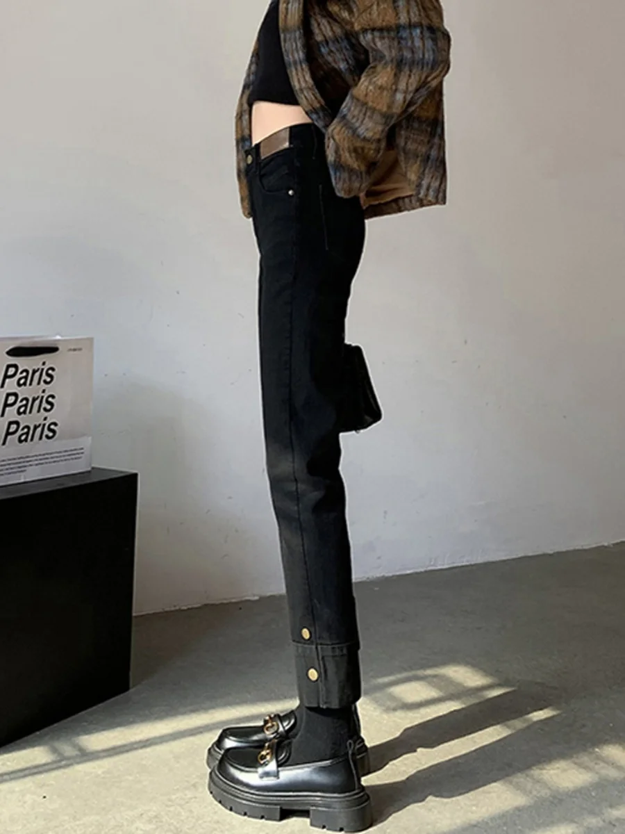 Thiened Fce اصطف عالية الخصر Bla تسعة عشرات الدينيم الجينز المرأة الخريف الشتاء حجم كبير سليم مستقيم أنبوب السراويل #3