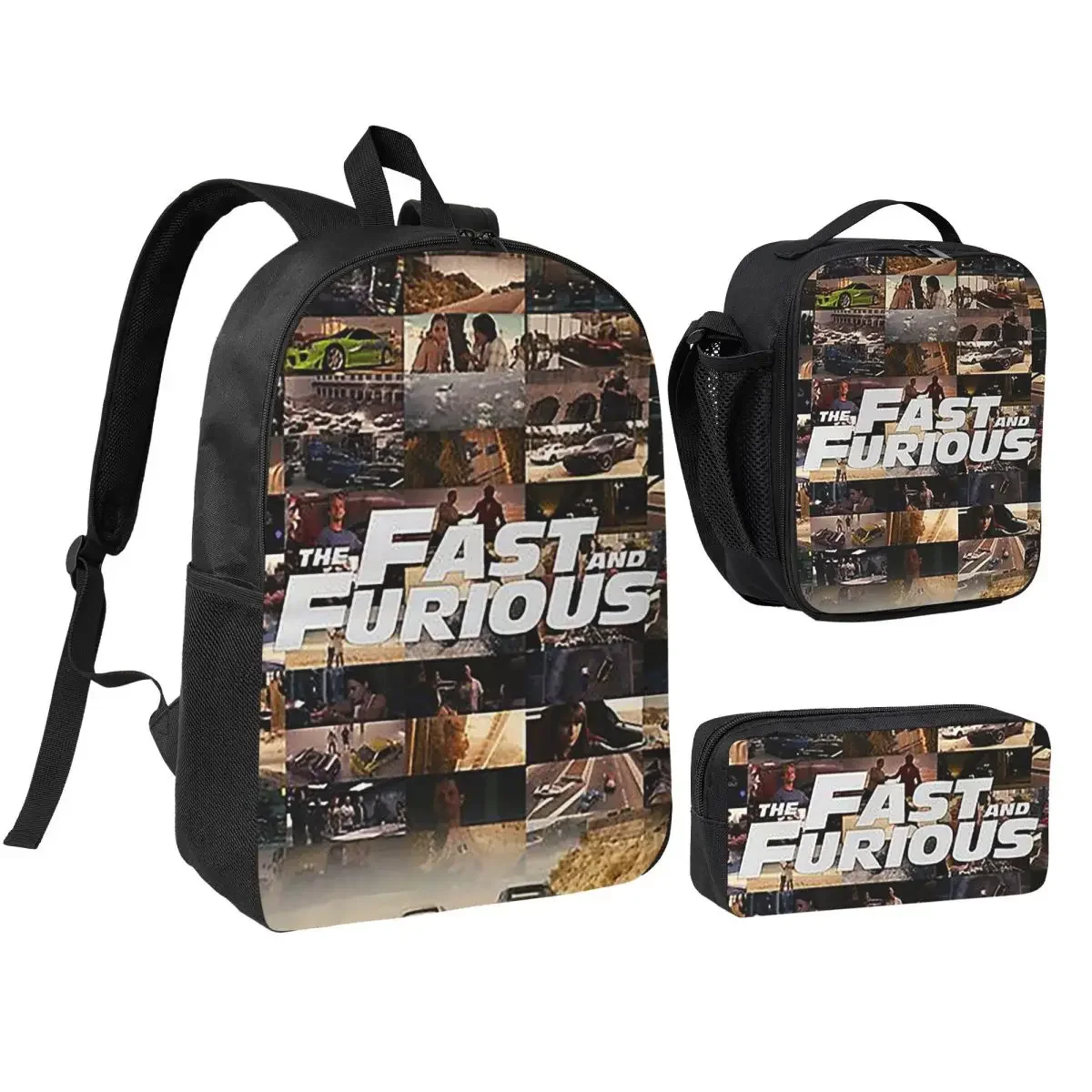 Fast And Furious Legends Tribute Backpack Boys Girls BookBag School Bag Shoulder Bags 3ps Insulated Lunch Bag Pencil Case