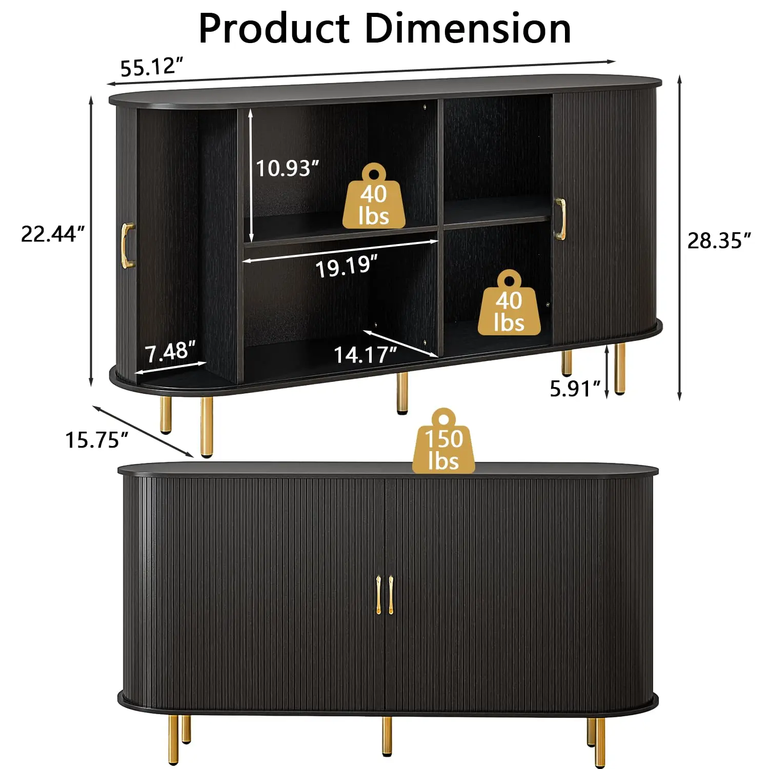 Fluted Sideboard Cabinet with Tambour Doors, 55