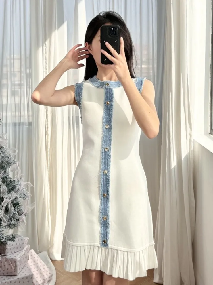 

2025 New Fashion Casual Elastic Knitted Short Dress Women Korean Denim Patchwork Loose Summer Dresses Vestido Femininos Robes