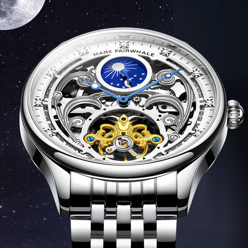 Mark Fairwhale Brand Luxury Tourbillon Mechanical Watch Men Leather Strap Fashion Automatic Moon Phase Skeleton Watches Mens