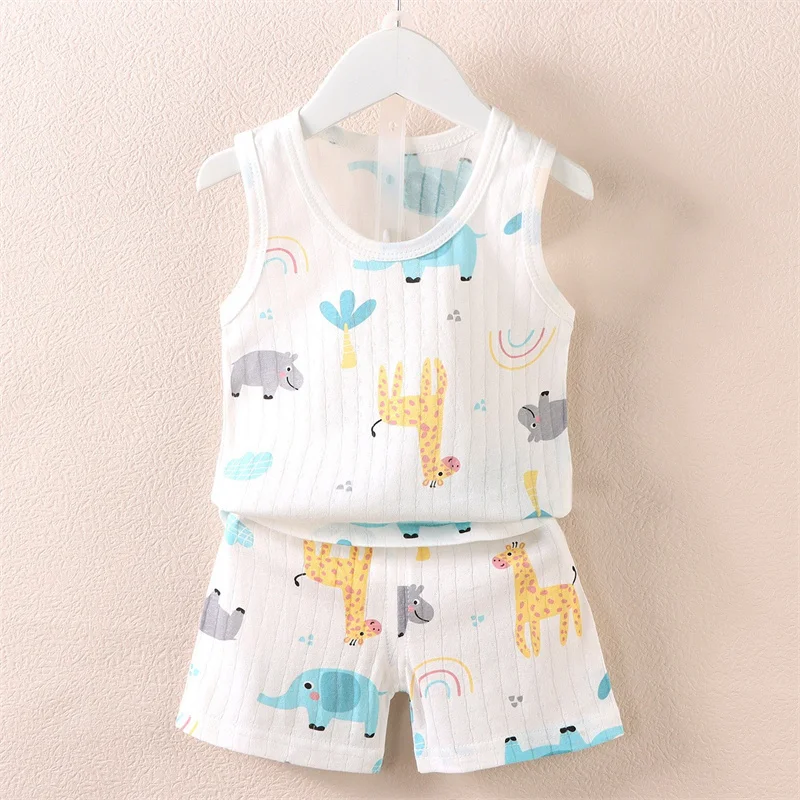 Vest+Shorts 2-Piece Summer Pajamas Clothing Set Kid Baby Boys Girls Cartoon Giraffe Bear New Cotton Casual Clothes Suit 0-4 Year