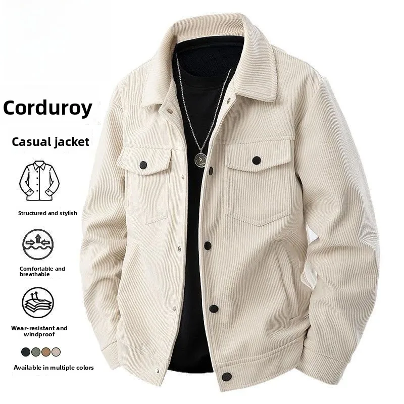 

Men's Corduroy Jaet Loose Casual Collar 3D Sle Polyester Fiber Windproof Straight Hem Regular Length Pure Color No Cap
