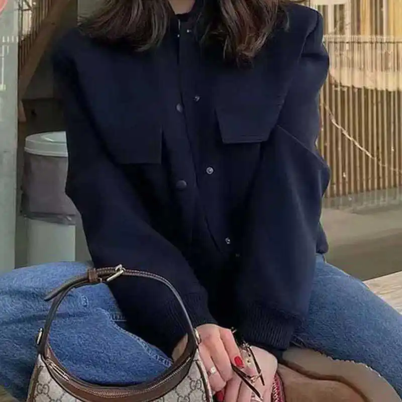 Street Style Women's Short Loose Fit Jacket round Neck Versatile Baseball Coat Polyester Long Sved Jacket Autumn Fashion