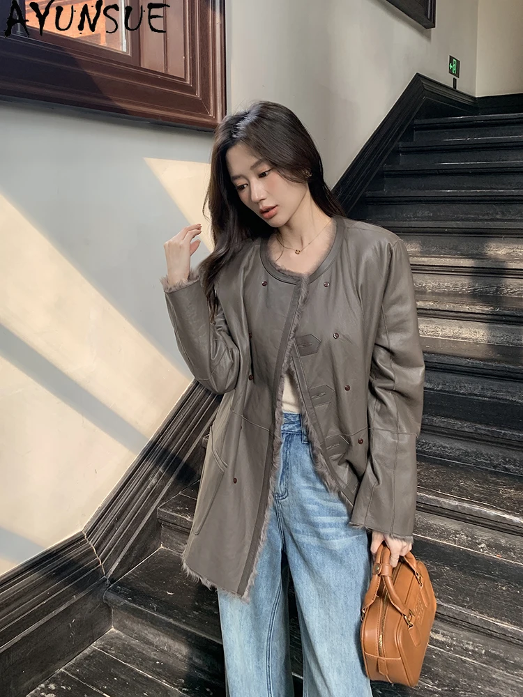 AYUNSUE Shearling Jacket 여성 중간 길이 100% 천연 양모 코트 여성 의류 럭셔리 겉옷 가을 겨울 Abrigo Mujer