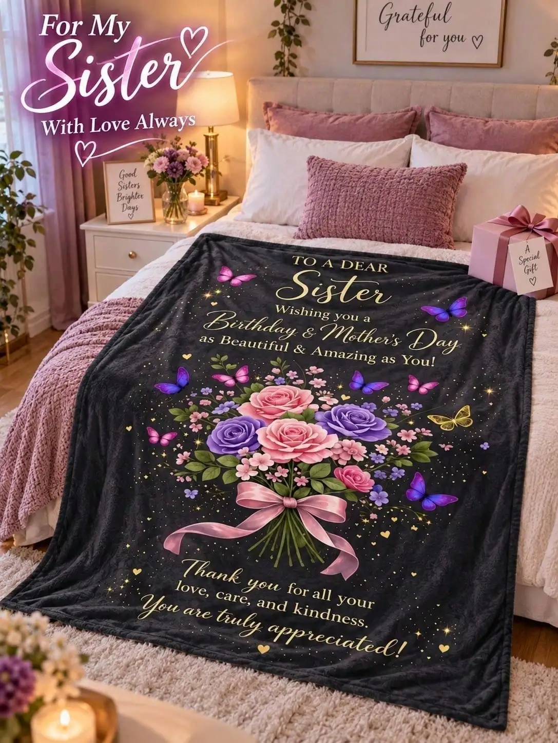 Sister Floral Vase Flannel Blankets Appreciation Message Sofa Bed Throw Home Decor Bedroom Living Room Christmas Halloween Thanksgiving Birthday Anniversary Housewarming Gift Family Friends Apartment Winter Holiday Reading Nook Dorm Office Couch