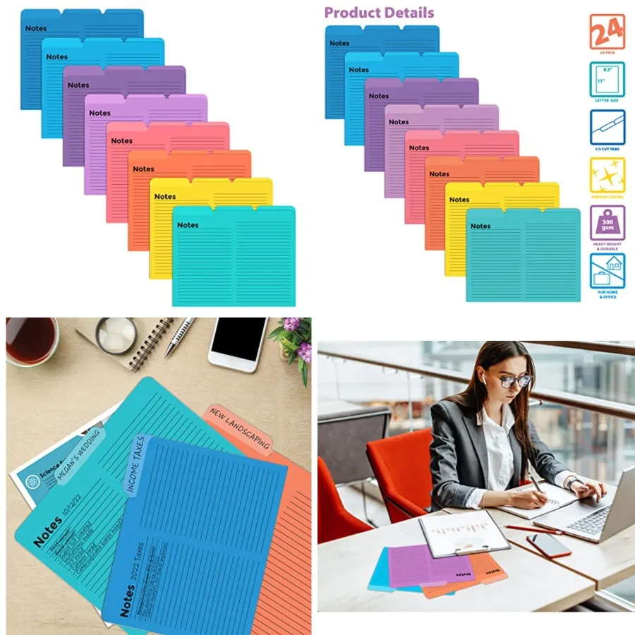 

24 папки для файлов на подкладке с вкладками для заметок для организации офиса, 1/3 вырезанных вкладки в 8 ярких цветах, сверхлегкая папка размеров с буквами