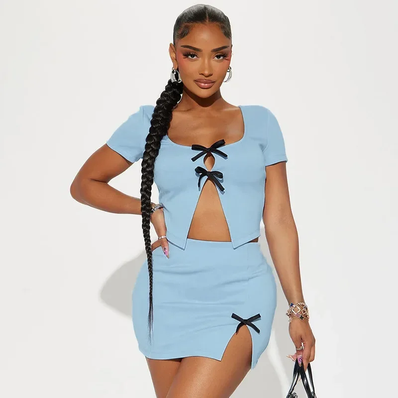 summer hollow out short sleeve crop top and split short skirt 2 piece set solid bodycon tie bow sexy women's set