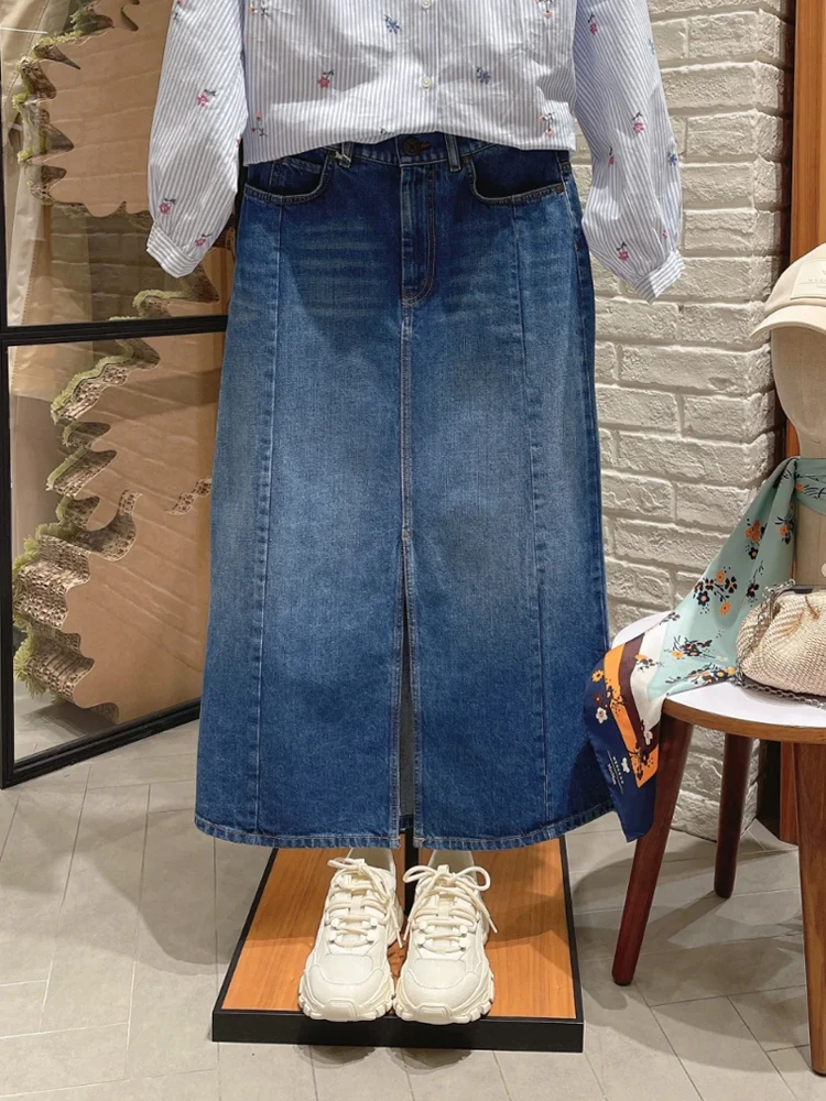 

New MAX25 Spring Summer Commute Blue High Waist Midi Denim Skirt Simple Design Cotton A-Line Skirt for Ladies