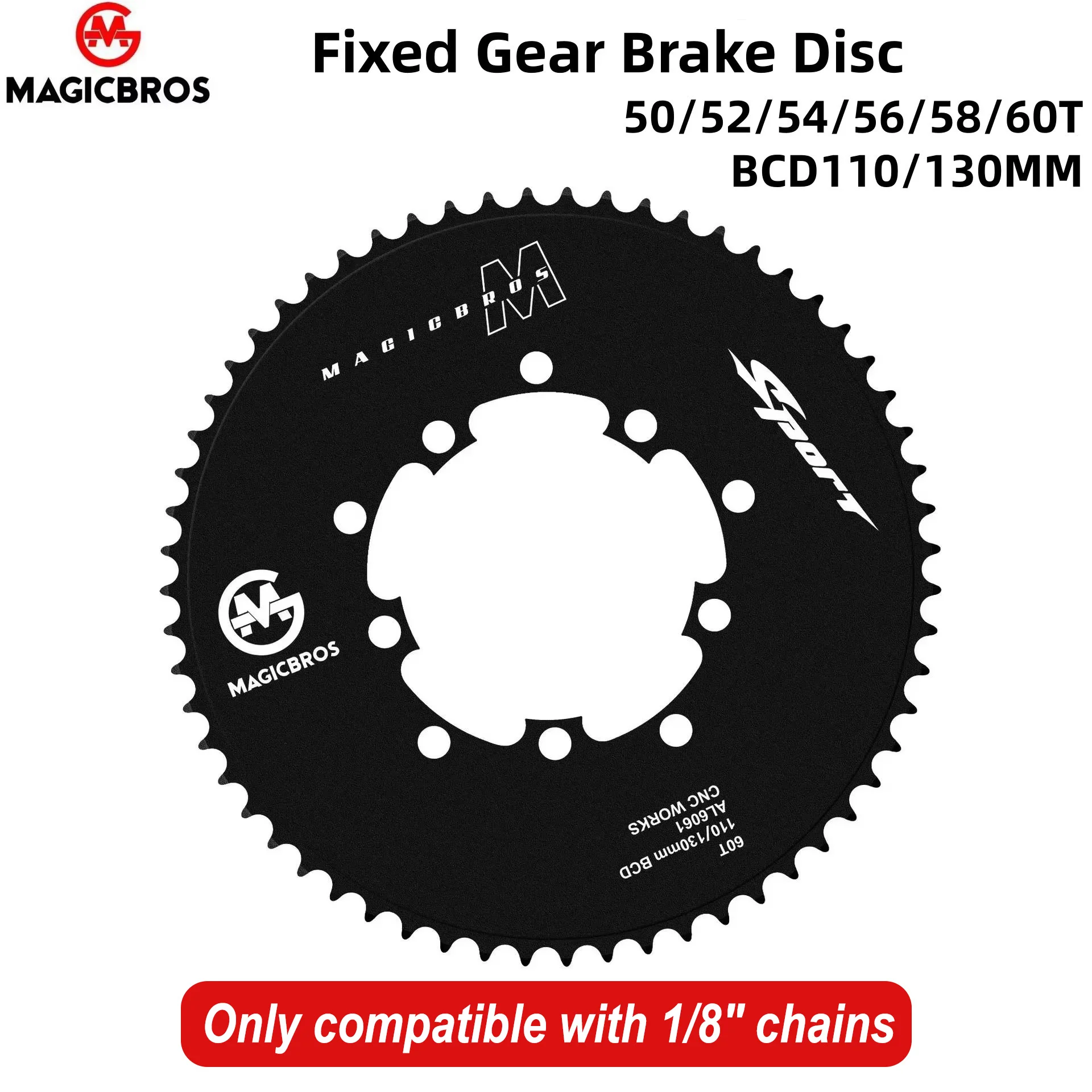 

Круглая цепная звездочка MAGICBROS, двойная цепная звездочка BCD 110/130 мм для велосипедов с фиксированной передачей, компоненты для велосипедов, алюминиевый сплав, только для цепи 1/8 дюйма.