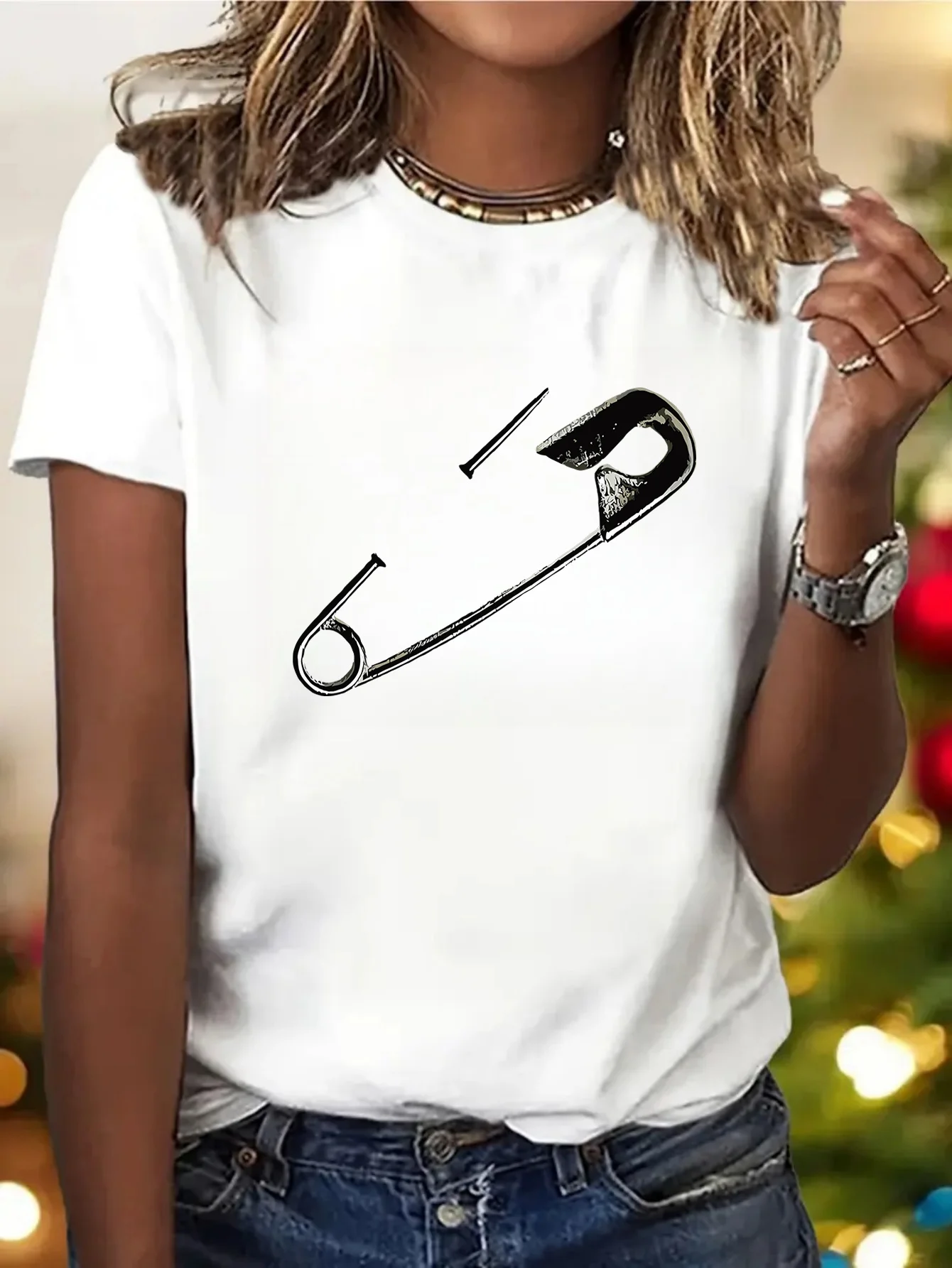Women Y2K Style Safety Pin Graphic Print T‑Shirt Crew Neck Short Sleeve Casual Aesthetic Ladies Daily Top