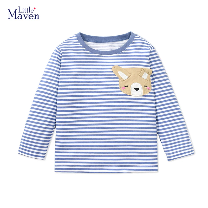 Little maven 2023 Kids Clothes Girls Children's Clothing Tops Cartoon Blue Stripe Bear T-shirt Cotton for Kids Boys