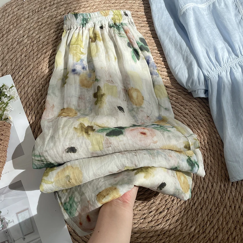 High-End Large Size Cotton Linen Washed Gradient Print Holiday Style Wide Leg Pants Breathable Artistic Casual Trousers