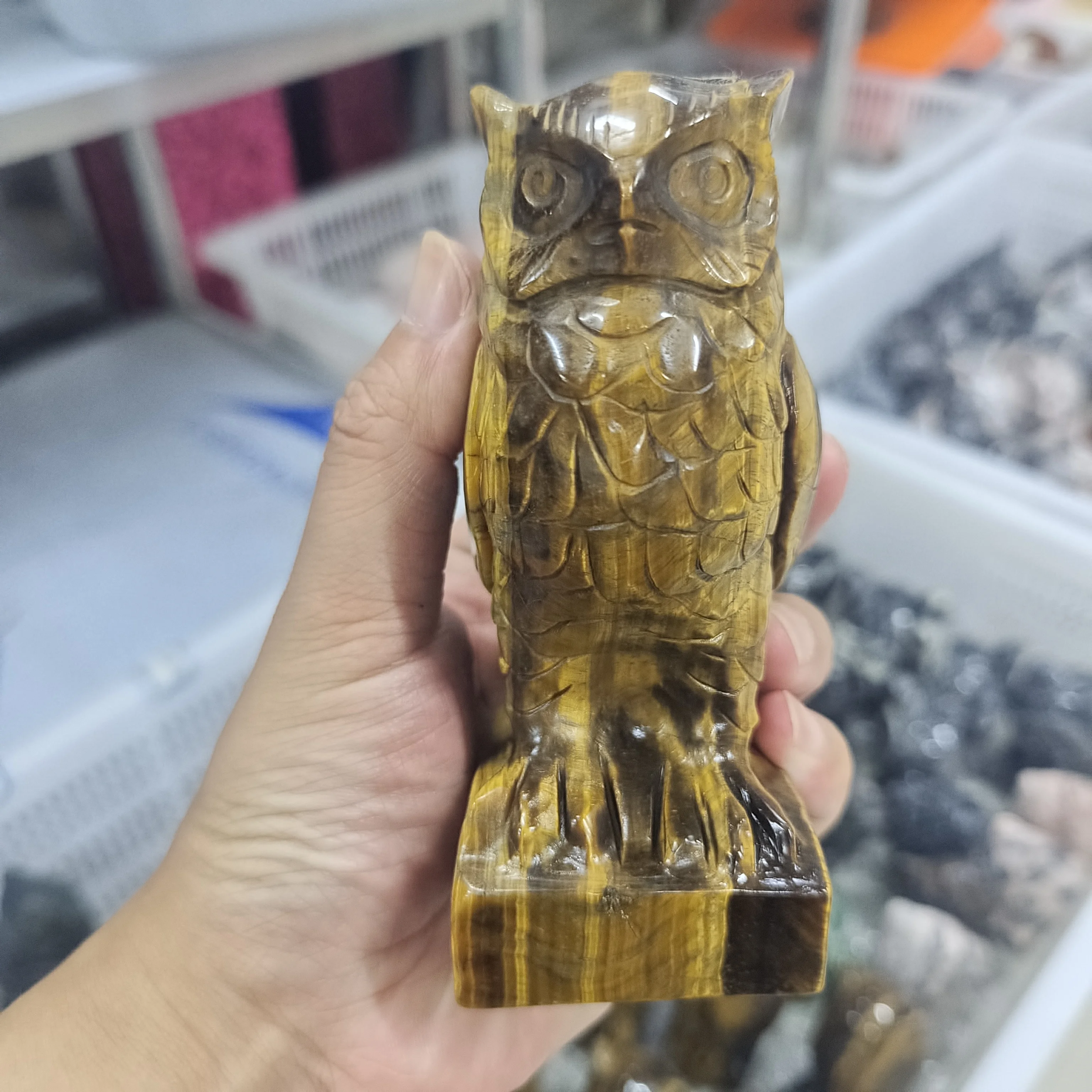 120mm 100% Natural Stone Carved Owl Animal Ornaments Tigers Eye Crystal Stone Crafts Handmade Figurine Home Decor collect Gift