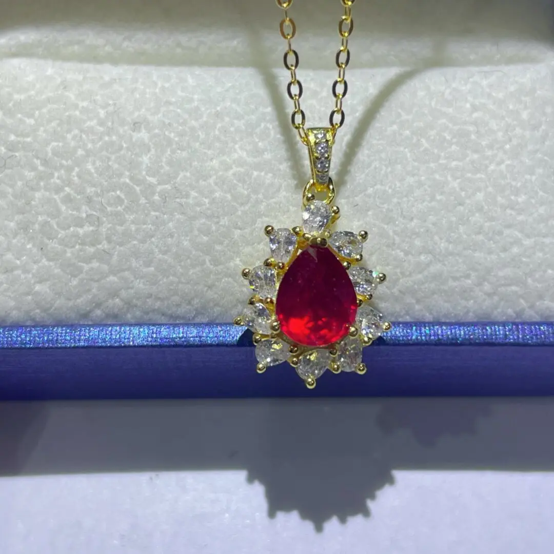 Classic 925 Silver Ruby Pendant for Party Total  6mm*8mm  Natural Ruby Necklace Pendant with 3 Layers 18K Gold Plating