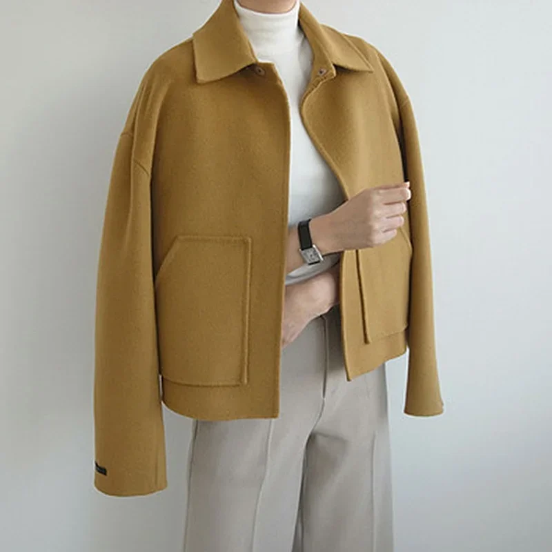 Abrigo de lana hecho a mano para mujer, abrigo corto holgado con hombros caídos, de doble cara, de gran tamaño, Color liso, para otoño e invierno, 2021