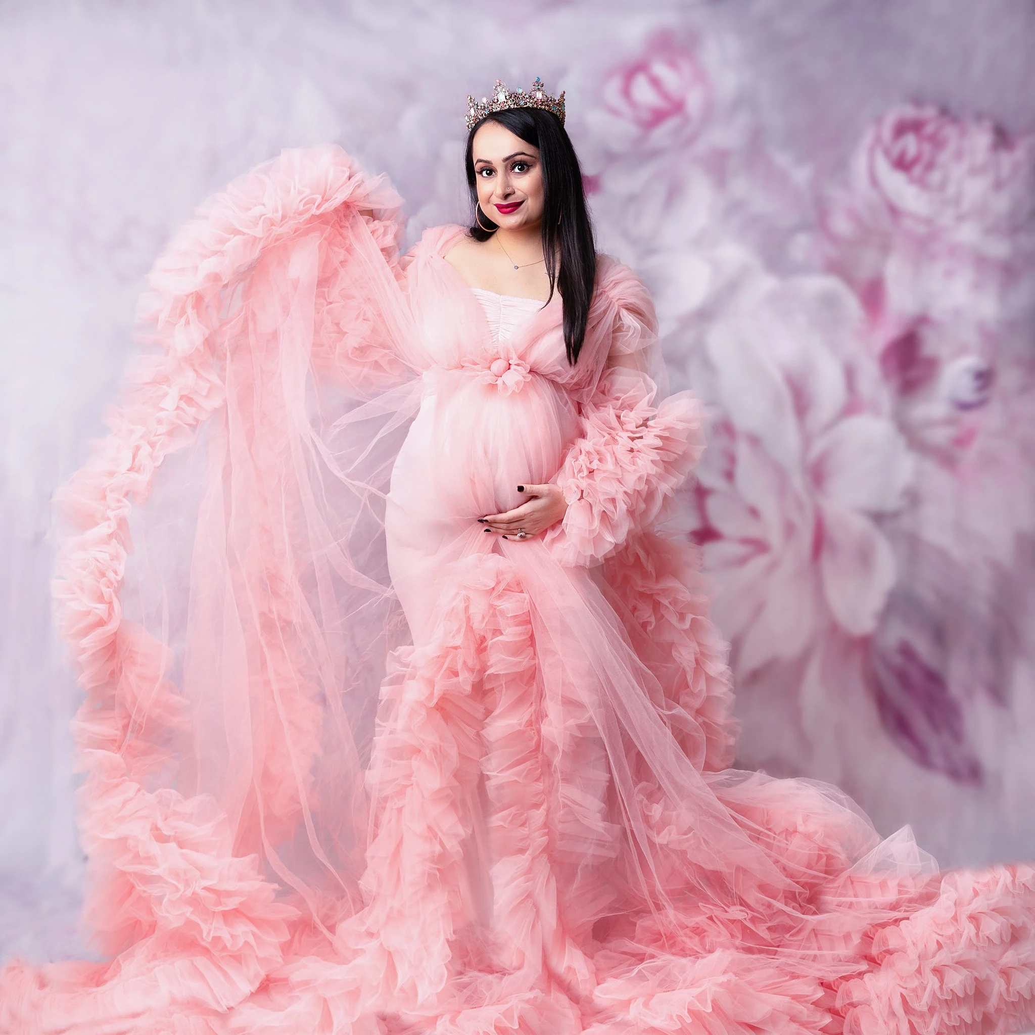 Illusion Pink Prom Dresses Sexy V Neck  Long Sleeves Pregant Gowns For Woman Ruffles Maternity Photography Props Dresses