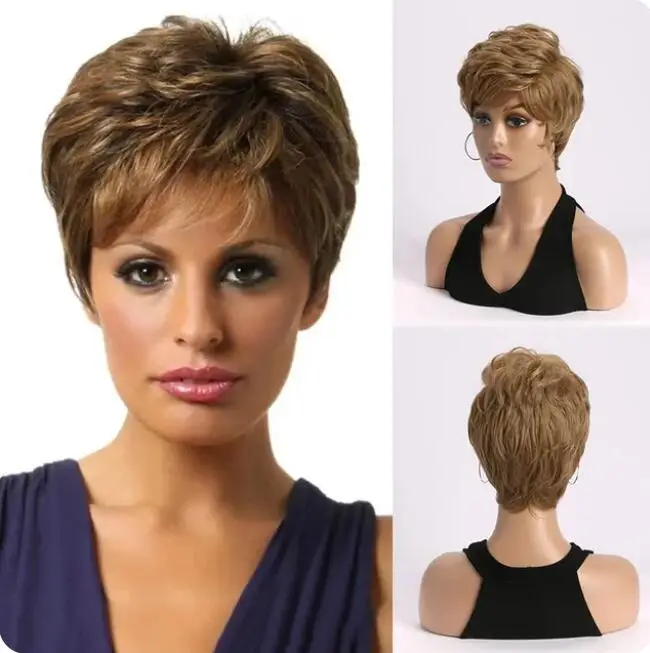 Short Wigs for Women Ombre Mixed Blonde Fake Hair with Bangs Curly Synthetic Wigs Real Looking Mommy Wigs Daily Party