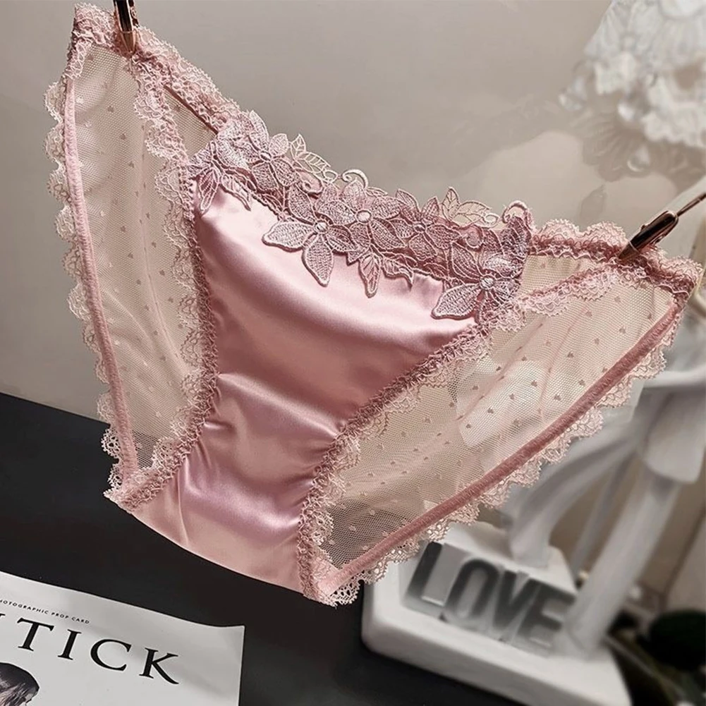 

New Women Low Waisted See Though Hollowed Lace Patchwork Panties Lingerie Satin Underwear Knickers Seamless Solid Female Briefs