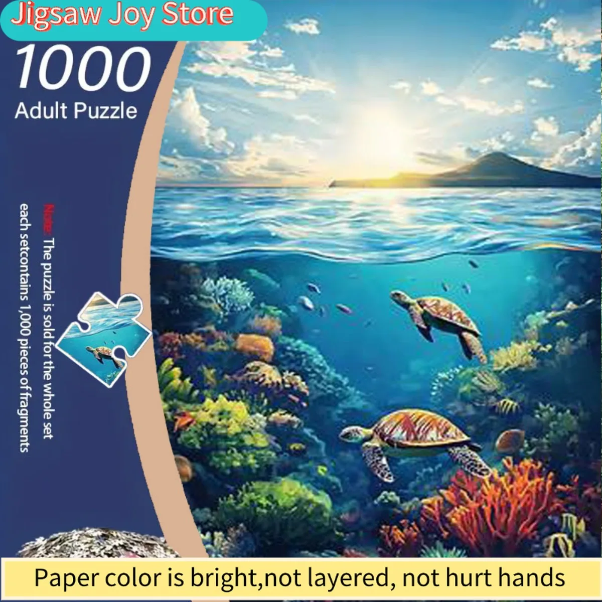 

Пазл для взрослых, 1000 деталей - Коралловый риф и морские черепахи с отражениями солнечного света, белыми облаками и морской поверхностью - Сложная головоломка 100+
