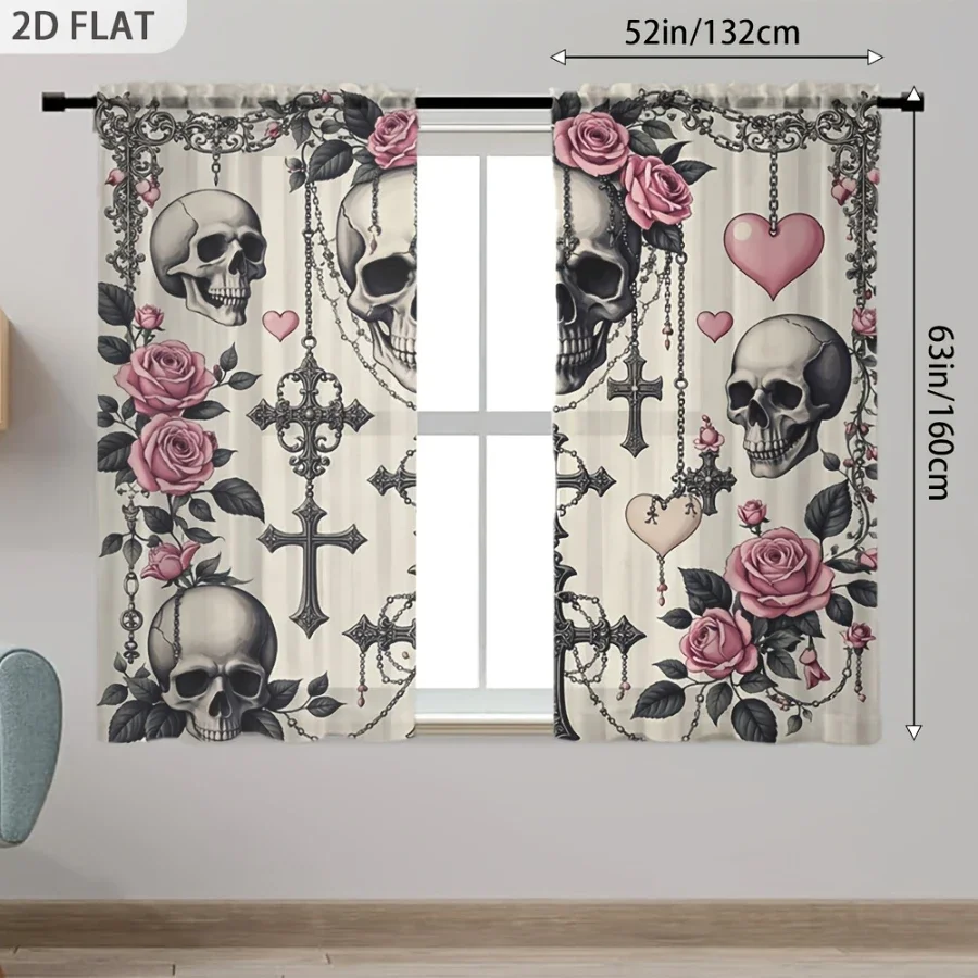 2PCS Digital Print Sheer Curtain, Rose Cross Pattern, Gothic Dark Romantic - Voile Drapes for Bedroom Living Room Decor view 5