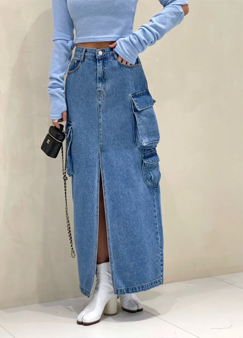Street Style High Waist A-Line Denim Skirt Women's Long Midi Skirt Vintage Retro Multi-Functional Pocket Design Casual Workwear