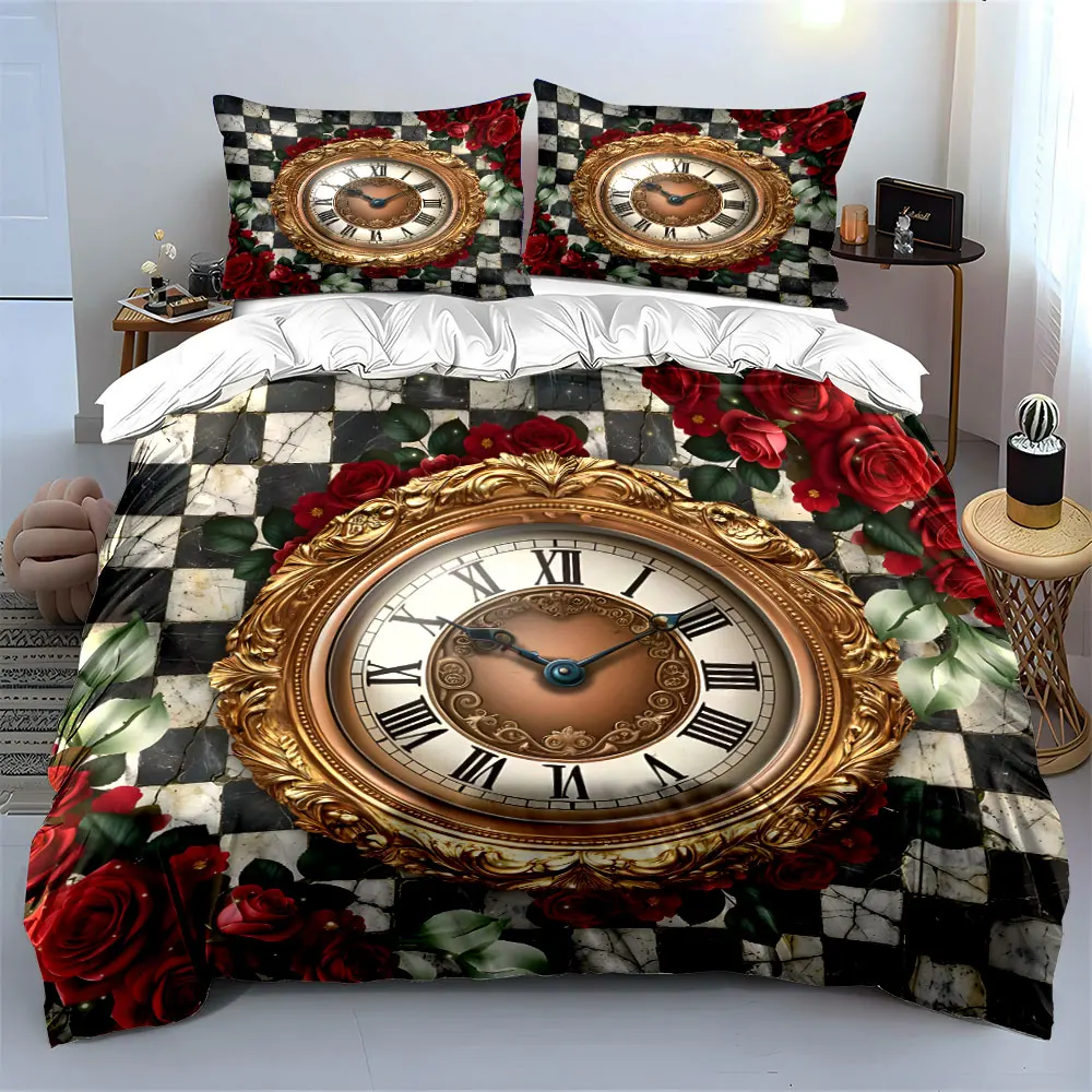 Ornate Gold Clock with Red Roses Printed Duvet Cover Set 1 Duvet Cover+2 Pillowcase Multi Size Bedroom Bedding Decoration