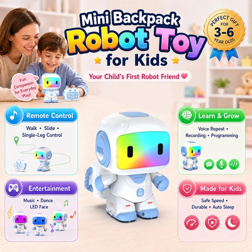 1Pc Cute Mini Backpack RC Robot, STEM Toy for Kids 3-6, Voice Recorder LED Face, Programmable Dance Stunt Creative Gift