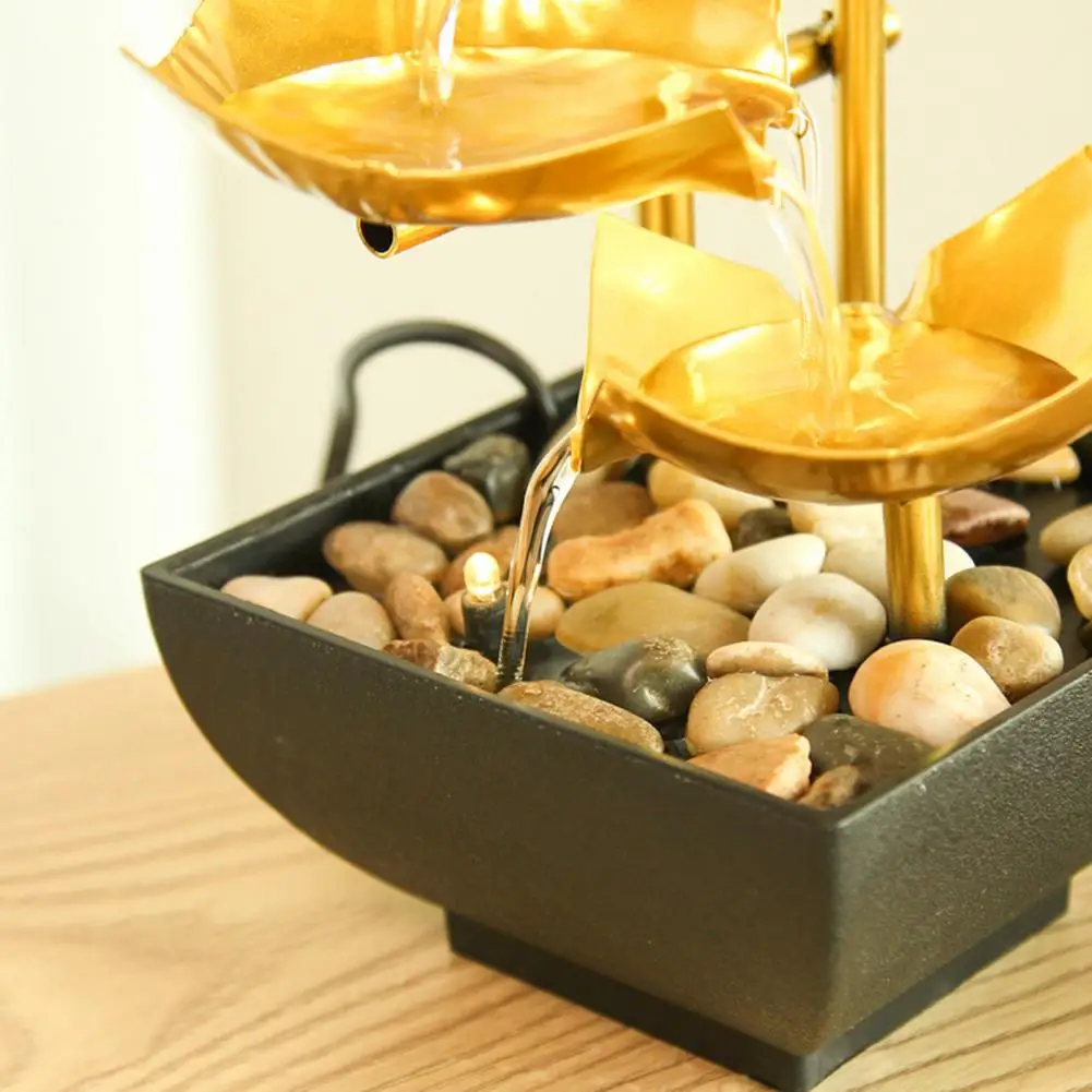 

Gold Tabletop Water Fountain 3 Tier Lotus Indoor Desktop Fountain Ornament with Light Zen Relaxation for Office Living Room