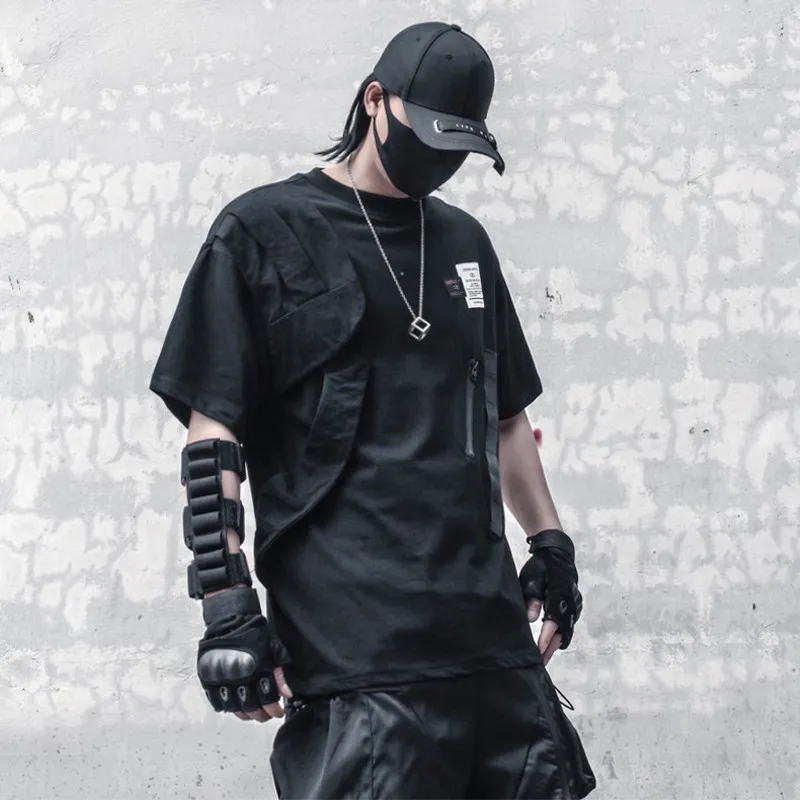Summer Dark Techwear Workwear Short Sleeve T-shirt Men's Stitching Cotton Base Shirt round Neck Loose Fashion Top Half Sleeve