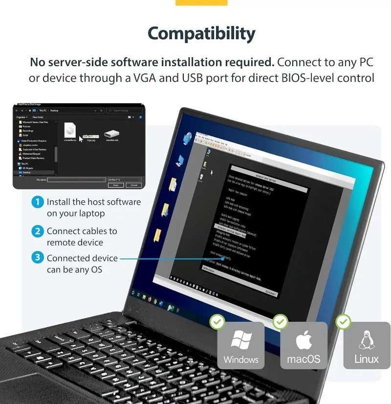 محول عربة تحطم الكمبيوتر المحمول المحمول لإدارة الخادم، وحدة تحكم USB/VGA KVM، Windows/Linux/MacOS - TAA