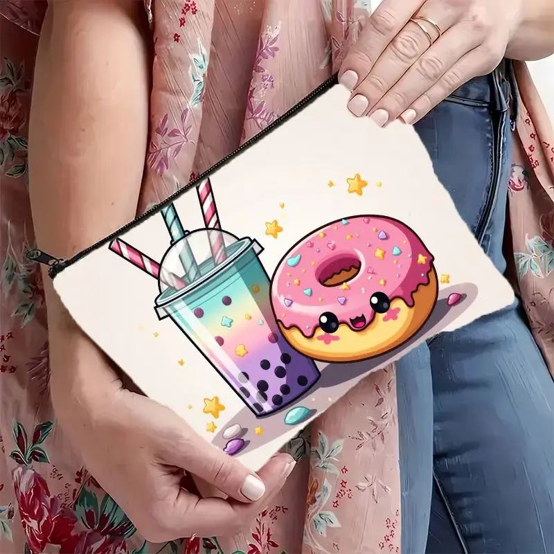 1Pc Cute Donut-Shaped and Bubble Tea-Themed Retro Design Multifunctional Travel Makeup Bag, Snack Storage Bag, Stationery Storage Bag, Fashionable Toiletry Bag, Canvas Double-Sided Printed Zipper Pouch