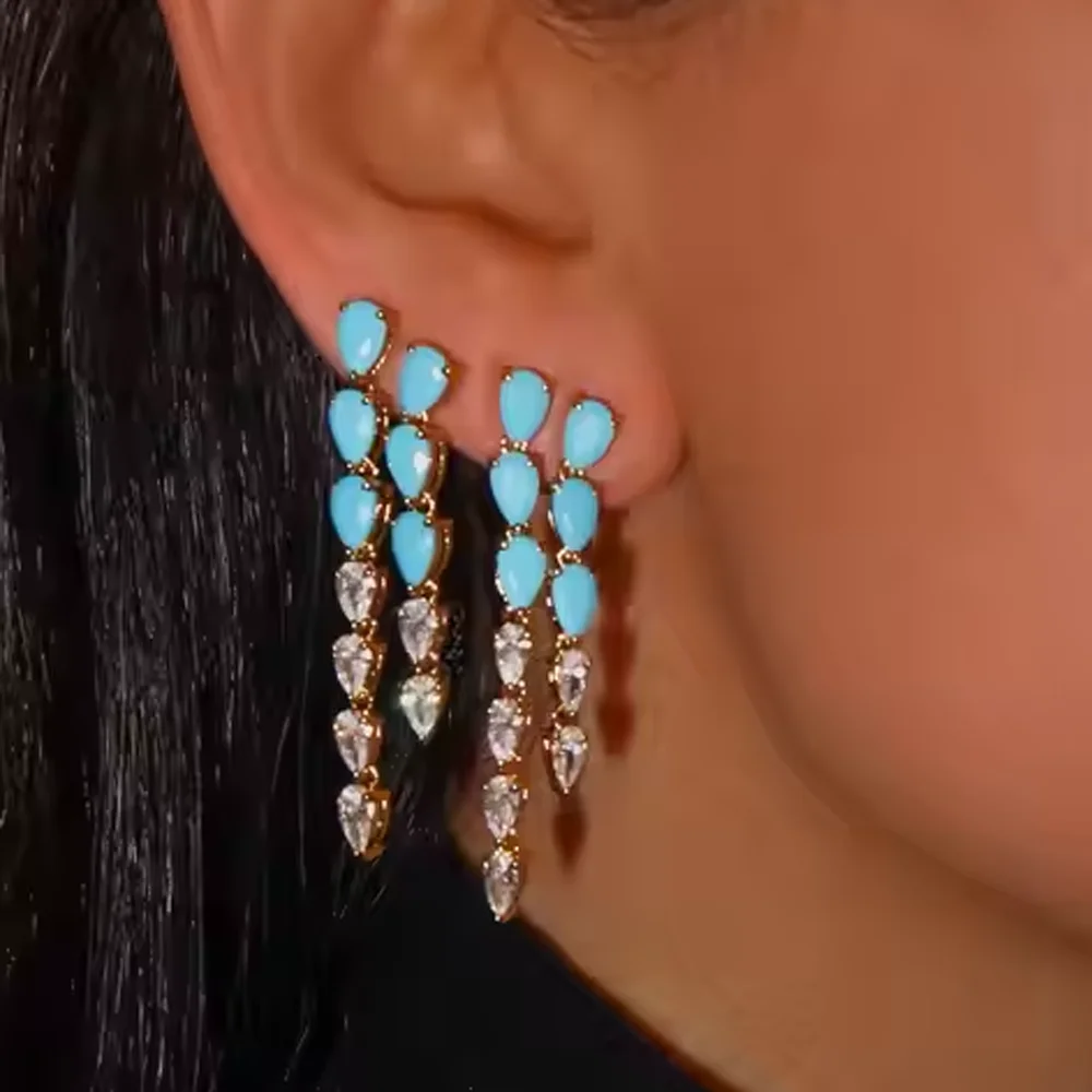 Hochwertige geometrische Türkise CZ gepflasterte Ohrringe Premium Blue Drop Baumeln Ohrringe für Frauen Hochzeit Luxus Schmuck Mädchen