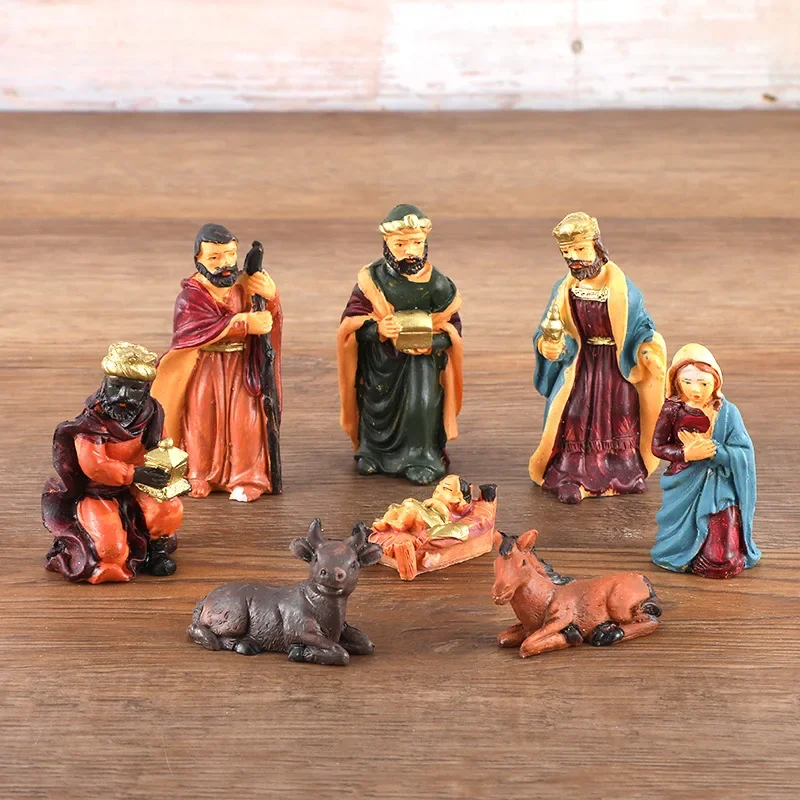 8Pcs Nativity Scene Manger Figurines Set Jesus Statue Christmas Ornaments Crib Catholic Collection Figures for Party Shelf Decor