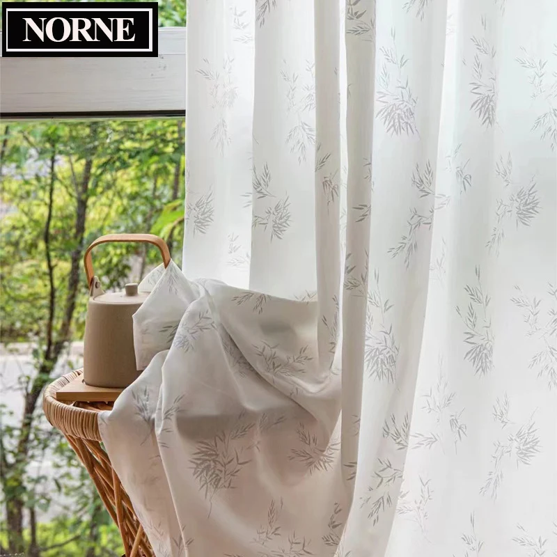 NORNE-Solid Bamboo Leaves White Sheer Curtains for Living Room and Bedroom,Jacquard Tulle Window Drapes Voiles Tulle Custom Made