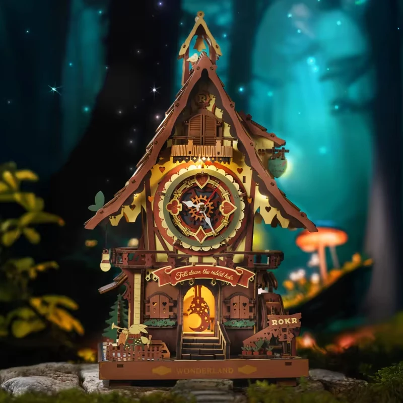 

Cuckoo Clock Fairytale Inspired Handcrafted Wood Swinging Pendulum Alice Wonderland Elements Pull Switch LED Light Functional