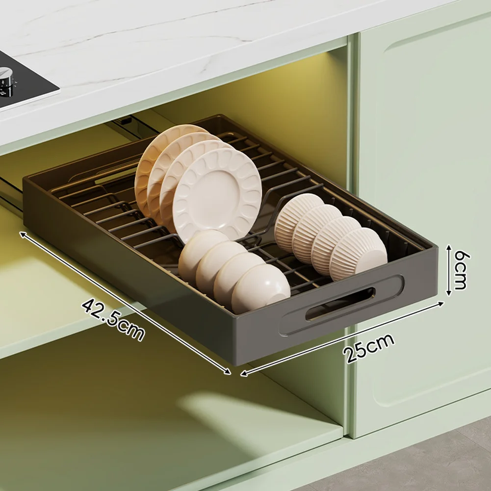 

Органайзер для кухонных тарелок из нержавеющей стали с выдвижной конструкцией для эффективного использования пространства в шкафу и устойчивости к ржавчине