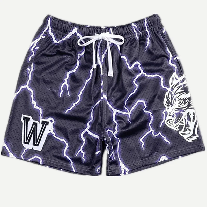 Men Mesh Sports Shorts Summer Basketball Fitness Running Short Pants 3D Printing Lightning Pattern Training Bermuda Man Shorts