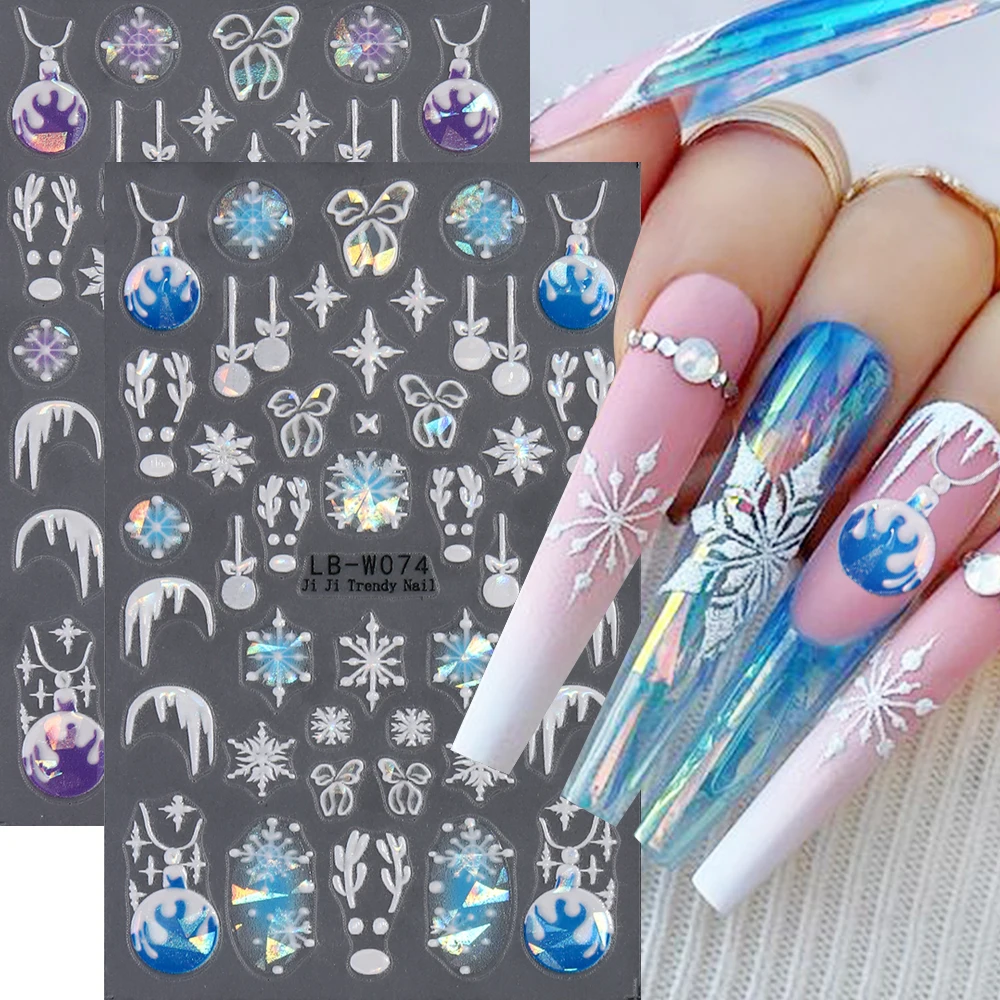 5D Laser Blue Snowflake Nail Art Sticker Christmas Decoration Cute White Deer Bear Decals Winter New Year Nail Slider LEBLB-W068