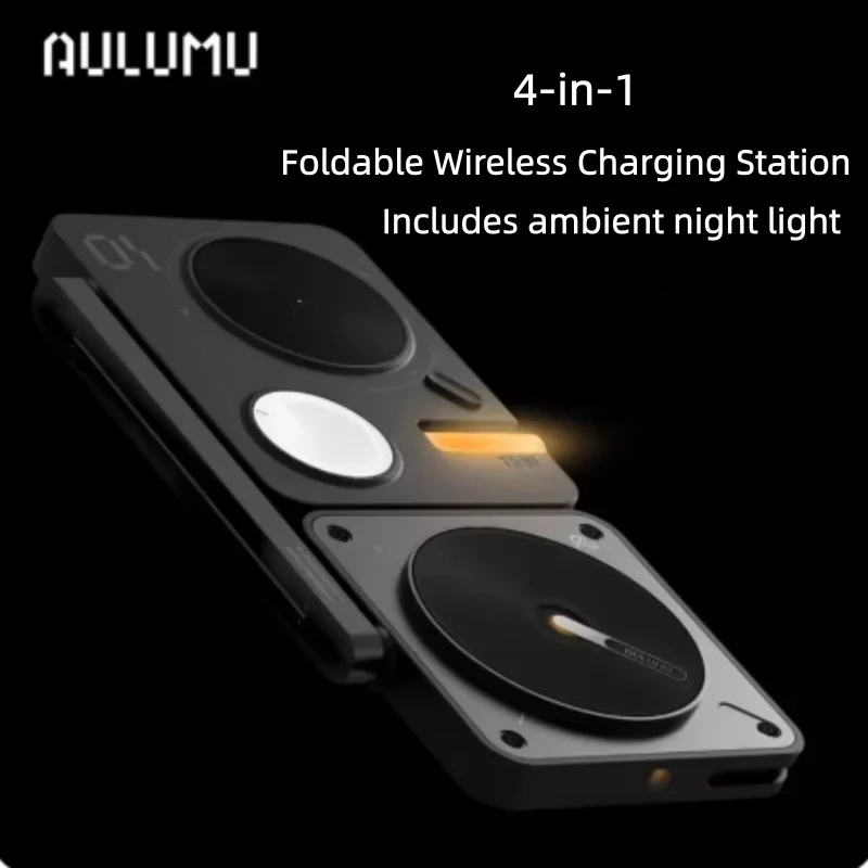 AULUMU 4-in-1 접이식 무선 충전 전화 거치대 Qi2 인증 아이폰 17 프로 맥스 아이워치 데스크탑 전화 거치대