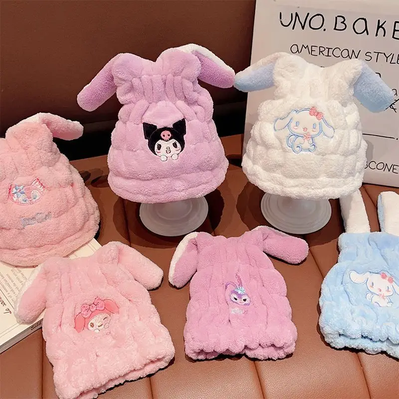 Gorro de pelo seco Kuromi Sanrios absorbe el agua gorro de ducha de secado rápido para niña toallita para la cabeza turbante de champú de dibujos animados Kawaii para niños