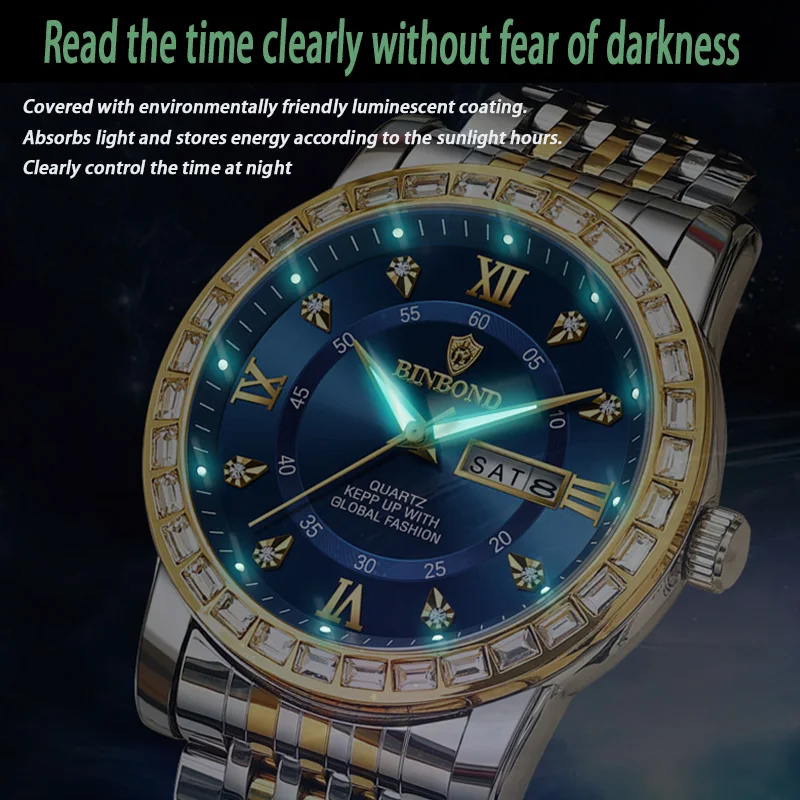 BINBOND Sports Watches Men Waterproof Luminous Week Calendar Watch Man Quartz Movement Stainless Steel Fashion Men Watch