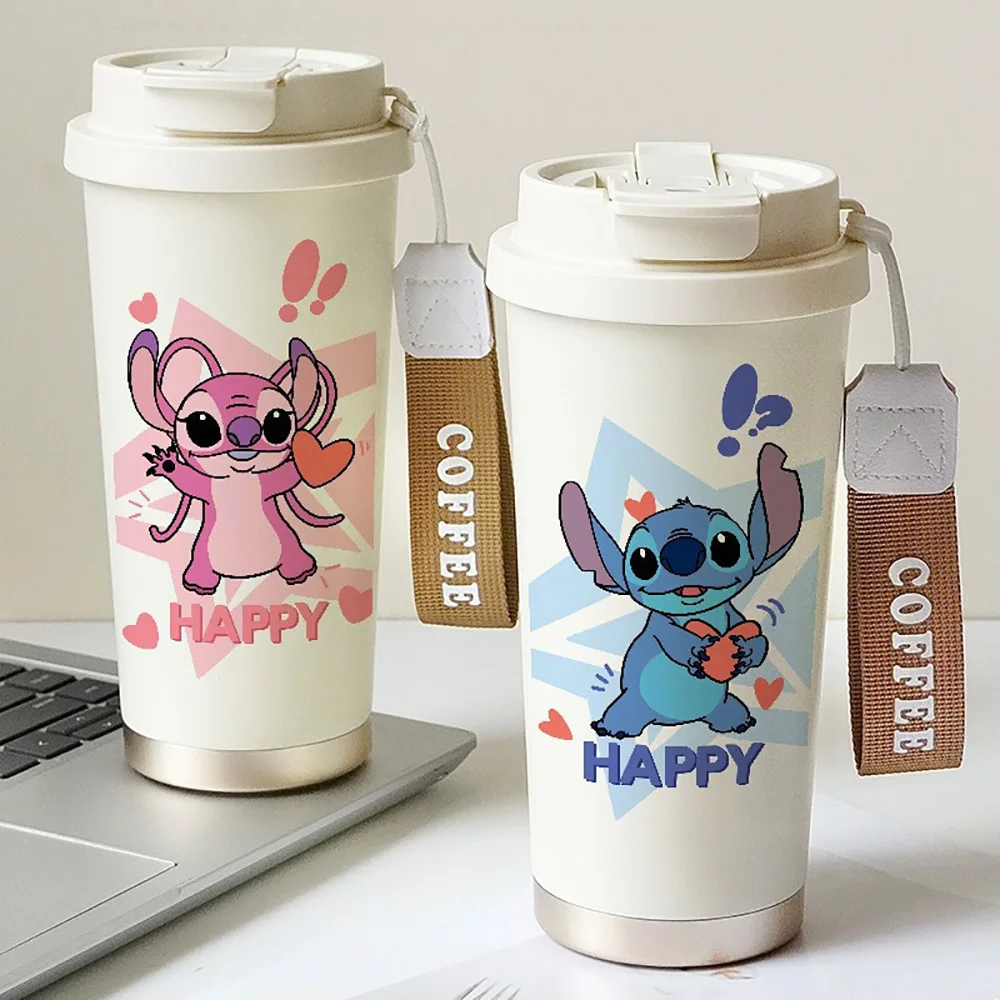 600ML Kawaii Stitch Anime Straw Cup 304 Stainless Cartoon Thermos Cup Portable Double Drinking Water Bottle Gifts For Boys Girls image 2