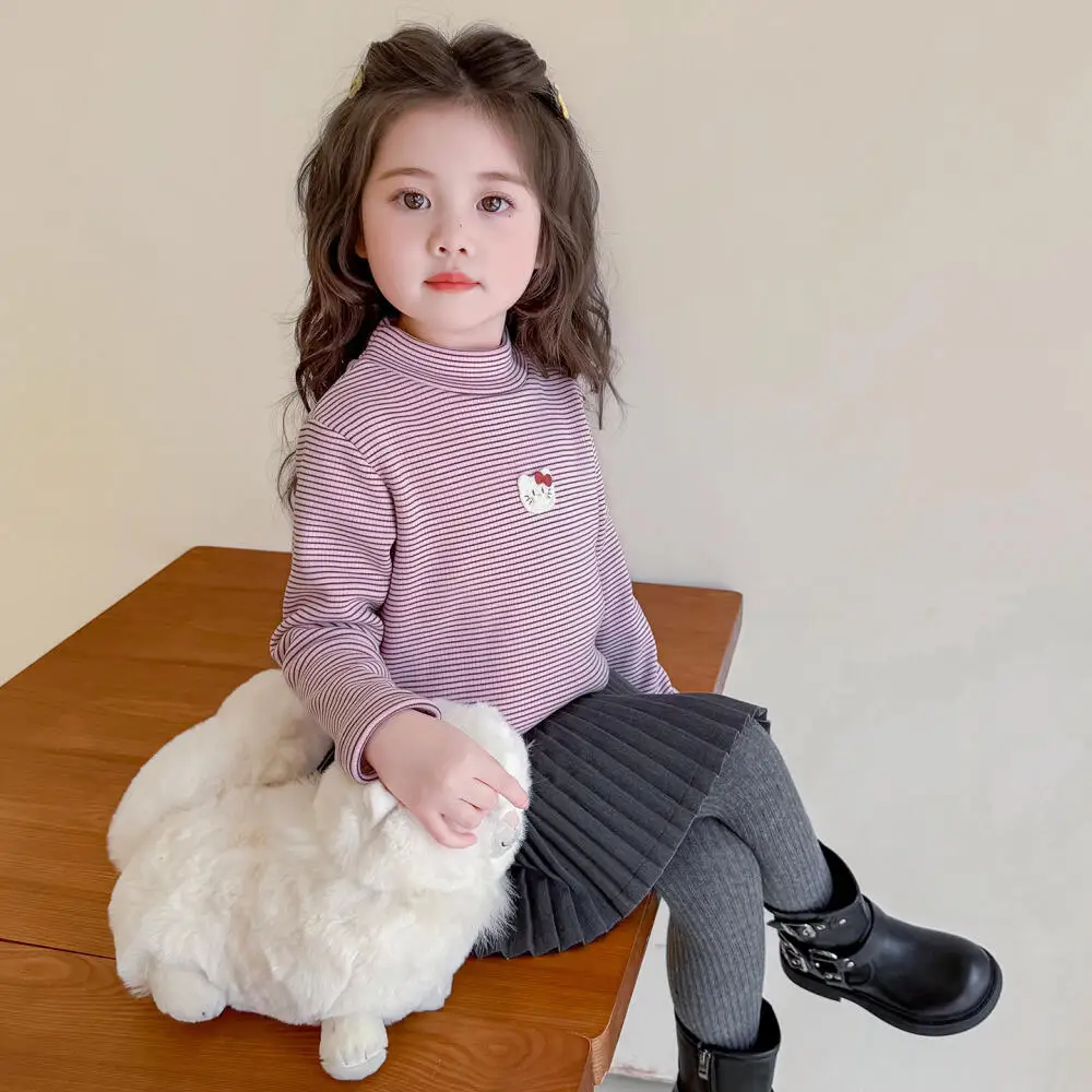 Толстовка Sanrio Hello Kitty для девочек, осенне-зимняя детская футболка с героями мультфильмов, повседневная бархатная нижняя рубашка с длинными рукавами, одежда