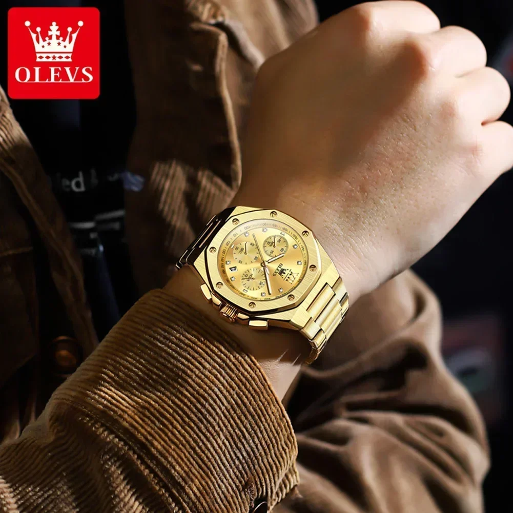 2024 NEW OLEVS Gold Watches for Men Brand Chronograph Wristwatch Original Waterproof Luminous Quartz Relogios Masculino Hombre