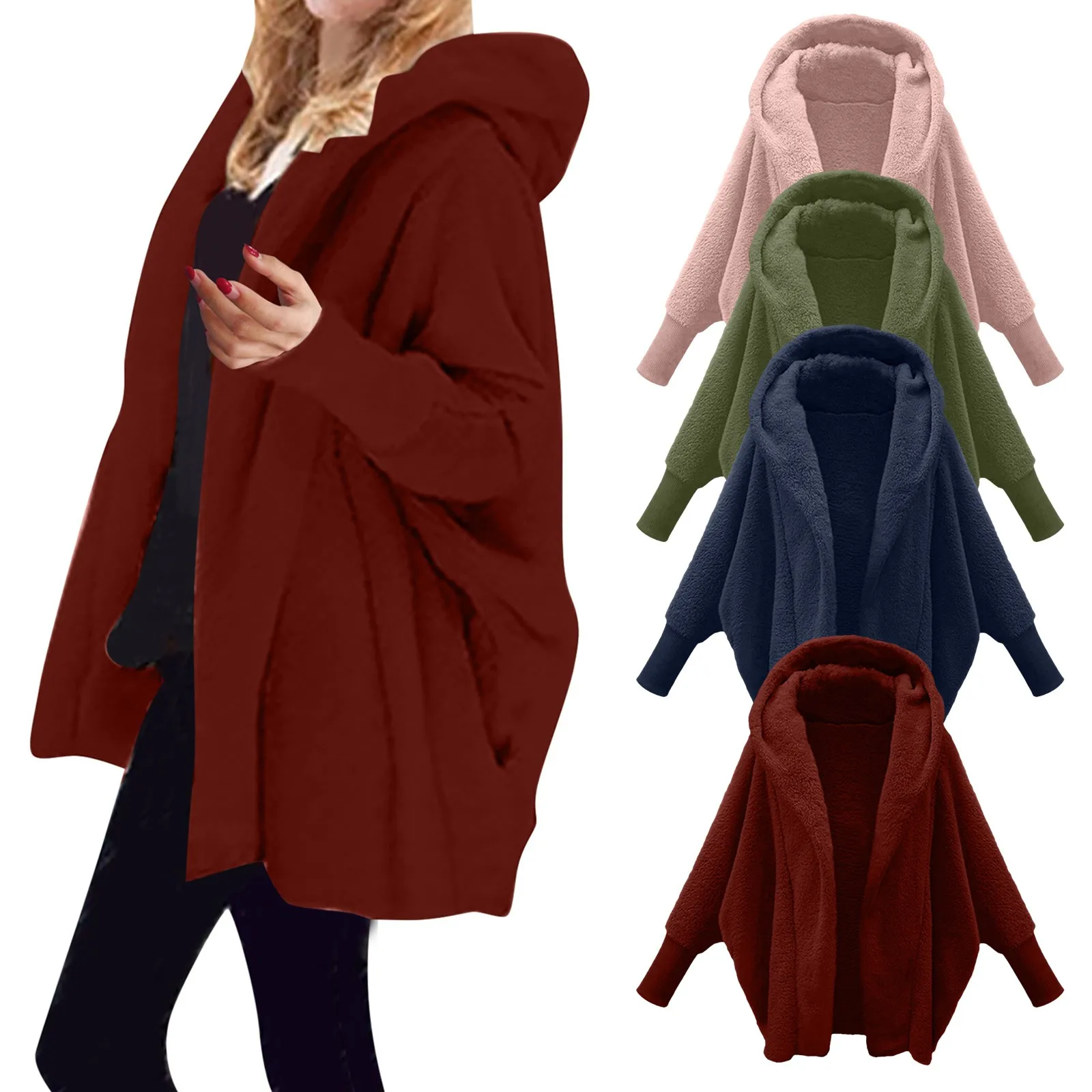 

Women's Retro Fleece Jacket Solid Color Plush Warm Coat Autumn Winter Female Outerwears Long Sleeve Hooded Jackets Casual Daily