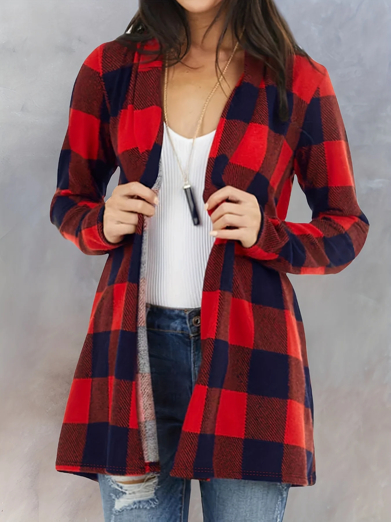 Women Fashion Plaid Printed Long Coats Casual Full Long Sleeve Outerwear Ladies Basic Autumn Winter Coat