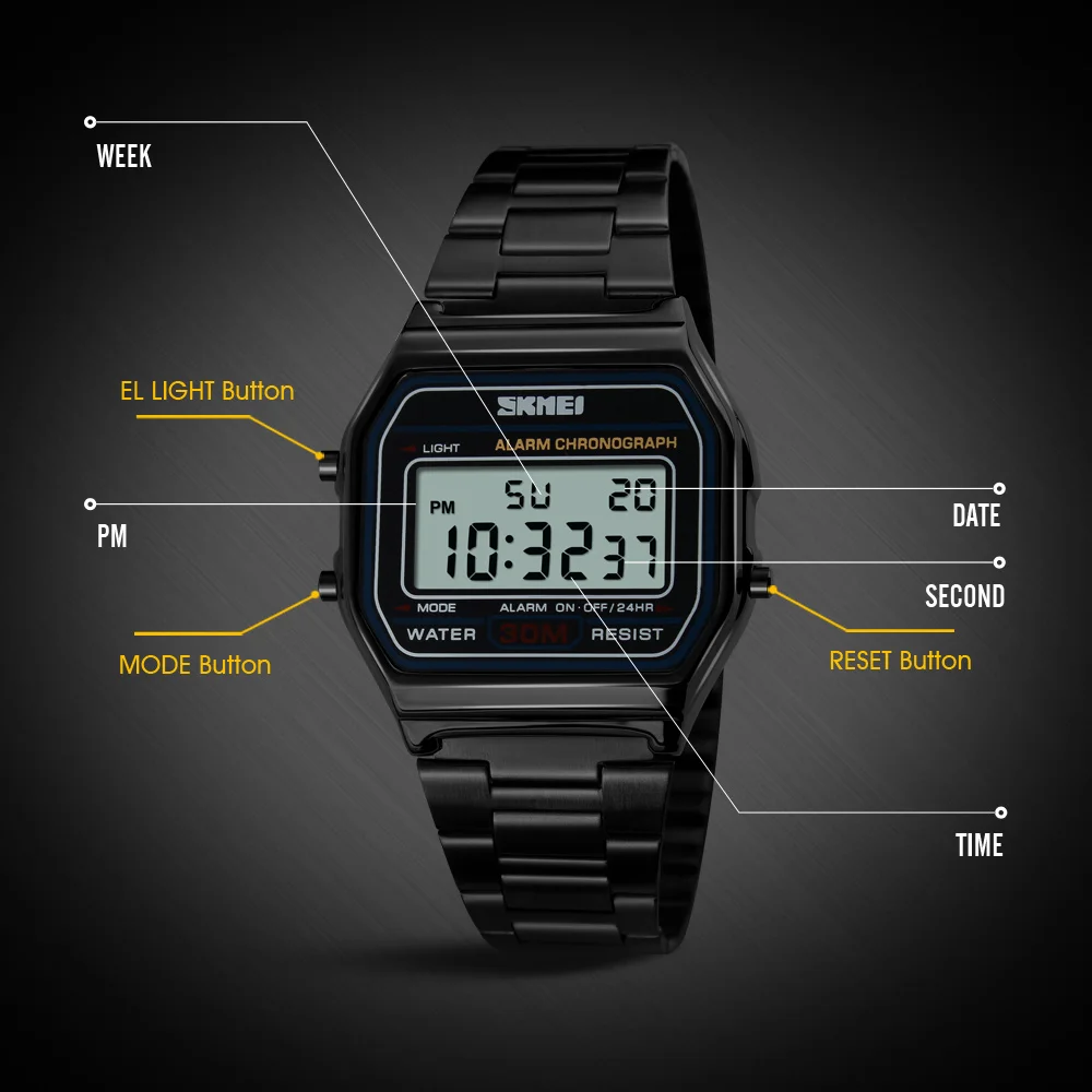 SKMEI Men Stainless Steel Strap LED Display Watches Fashion Casual Sport Watch 3Bar Waterproof Digital Wristwatch Reloj Hombre