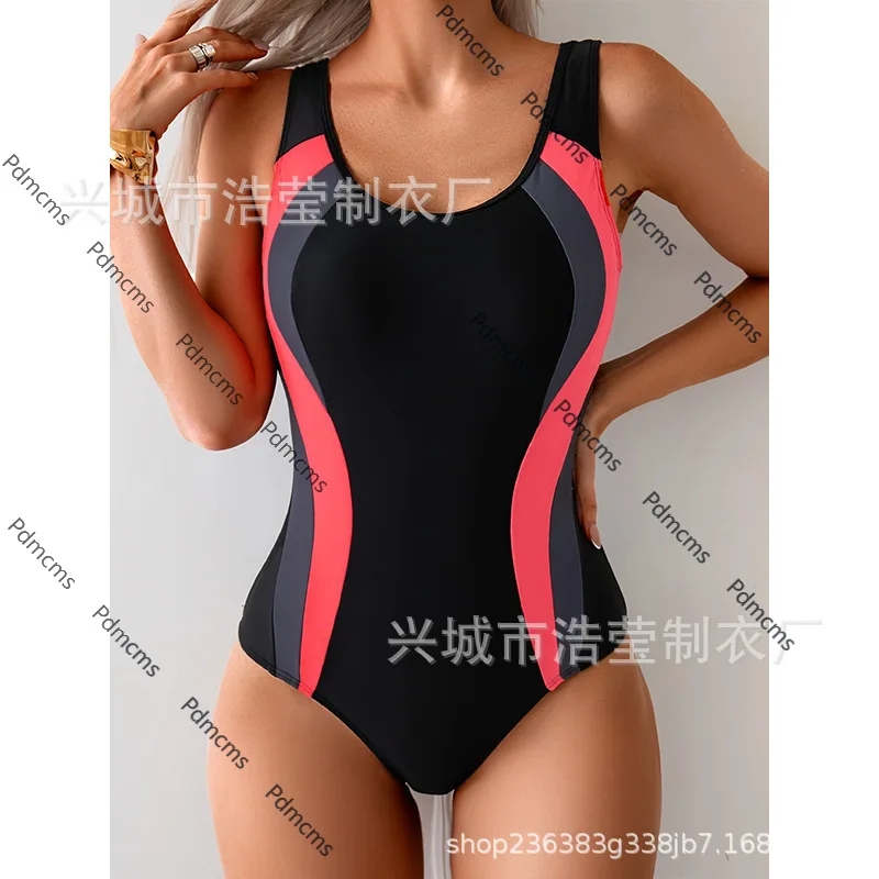 

2025 new one-piece splicing contrasting color one-piece competitive swimsuit European and American swimwear