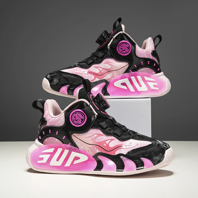 

Баскетбольная обувь для мальчиков и девочек, повседневная спортивная обувь с вращающейся пряжкой, детская тренировочная обувь, детские кроссовки на нескользящей платформе